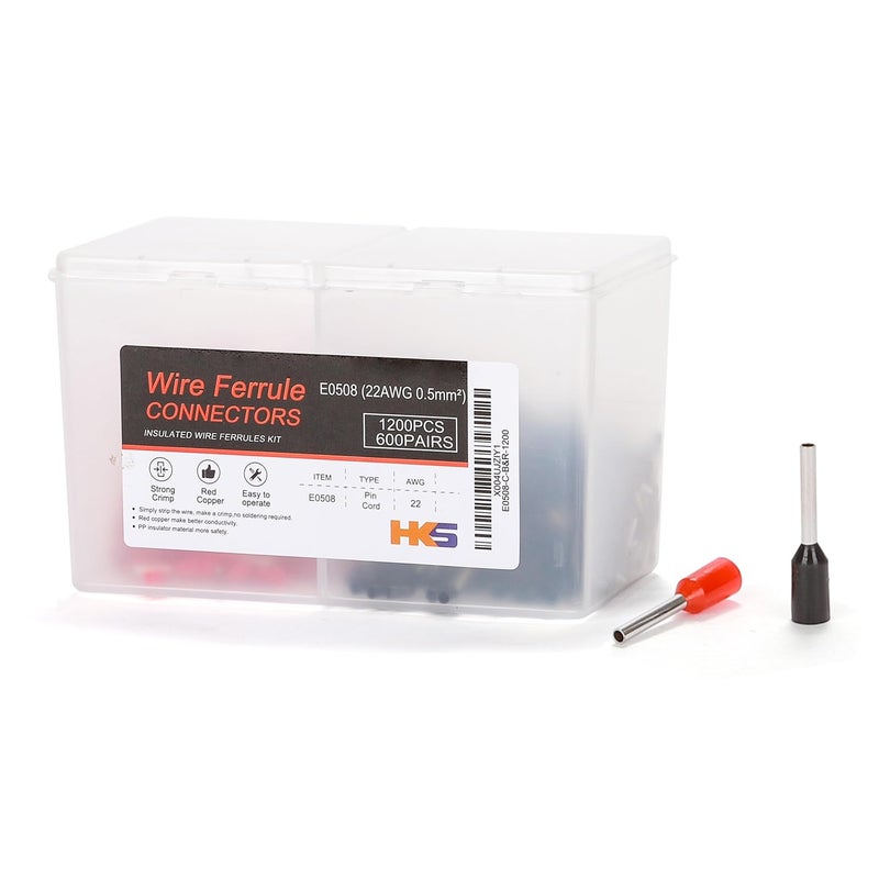 HK-S 1200 قطعة / 600 زوج موصلات أسلاك فيرول سوداء وحمراء - AWG22-0.5mm² نهايات دبابيس نحاسية معزولة لموصلات فيرول لتوصيل الأسلاك الكهربائية E0508 - Image 1